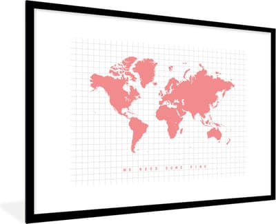Poster in lijst - Fotolijst 120x80 cm - Posters - Wereldkaart - Roze - Quote - Kinderen - Jongens - Meisjes - Posterlijst zwart - Decoratie - Wanddecoratie woonkamer - Muurdecoratie slaapkamer