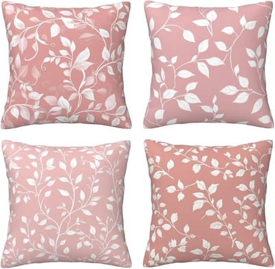 Kussenhoezen, witte bladeren met roze primer, 65 x 65 cm, behaaglijke, kussenhoes met onzichtbare ritssluiting, zacht, wollig, bankkussen, wasbaar, voor woonkamer