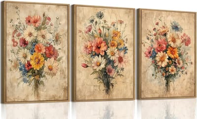 Set van 3 Ingelijste Kleurrijke Wilde Bloemen Canvas Kunst - Aquarel Bloem Muurdecoratie