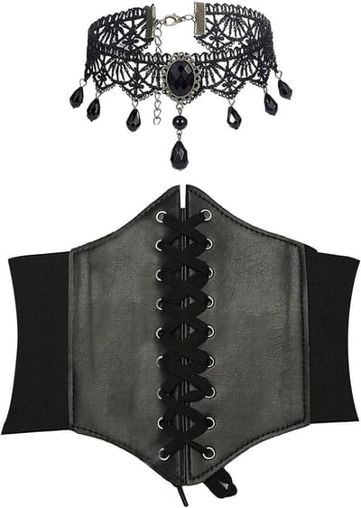 Twee-delige corset set voor dames met gothic sieraden, bruin, middeleeuwse kleding, piratenoutfit, corsetgordel en kanten choker voor een unieke look