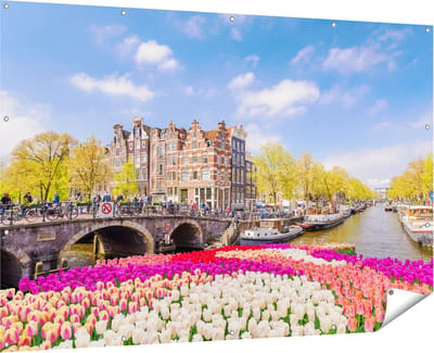 Gards Tuinposter Amsterdamse Huisjes aan de Grachten - 180x120 cm - Tuindoek - Tuindecoratie - Wanddecoratie buiten - Tuinschilderij