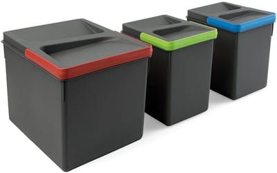 OmGoods - Dailygoody - Recyclingcontainers - Keukenoplossing - Actraciet grijs - Afvalscheiding - Duurzaam en praktisch - Geschikt voor keuken - 1x12L en 2x6L m