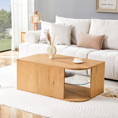 HAUSS SPOLE Salontafel - Met Opbergruimte En Glasplateau - Voor Woonkamer En Appartement - MDF En Glas - 100x60x42 Cm