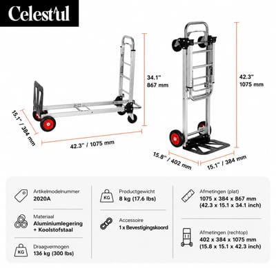 Celestul Steekwagen opvouwbaar Staal - 180 KG Draagvermogen - Transportwagen - Plateauwagen - Steekkar - Met Wielen - Staal