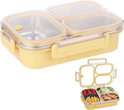 KZQ roestvrijstalen lunchbox - Drie compartimenten, lekvrij en duurzaam - Geschikt voor volwassenen, school, werk en buitenactiviteiten - geel