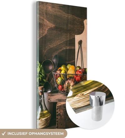 MuchoWow® Glasschilderij 60x120 cm - Schilderij acrylglas - Groente - Kruiden - Rustiek - Stilleven - Basilicum - Foto op glas - Schilderijen