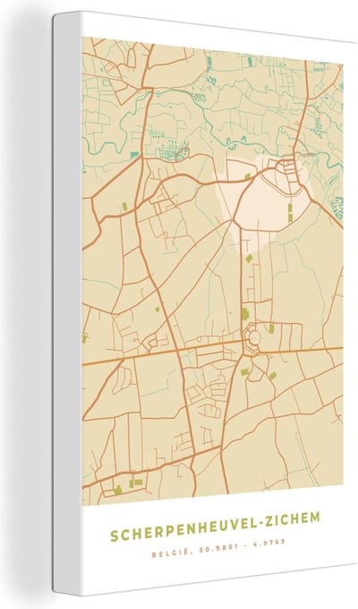 Canvas Schilderij Plattegrond - Vintage - Retro - Scherpenheuvel-Zichem - Kaart - Stadskaart - 20x30 cm - Wanddecoratie
