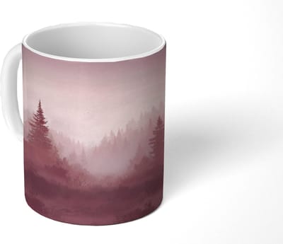 Mok - Koffiemok - Landschap - Mistig - Roze - Mokken - 350 ML - Beker - Koffiemokken - Theemok