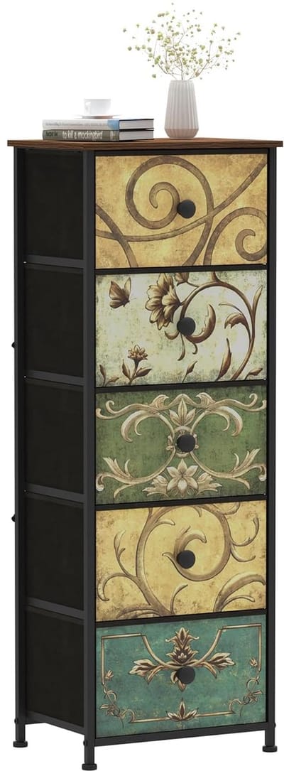 TRANKIELO® - Smalle Commodekast met 5 Stoffen Laden – Vintage Design – Ideaal voor Slaapkamer en Woonkamer