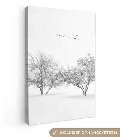 Canvas schilderij 20x30 cm - Wanddecoratie Bomen - Zwart wit - Natuur - Vogels - Muurdecoratie woonkamer - Slaapkamer decoratie - Kamer accessoires - Schilderijen op canvas