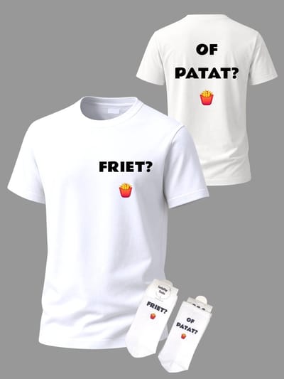 T-shirt Grappige tekst - Giftset - Friet of patat - Party Shirt - Cadeau set shirt en sokken - Grappig cadeau voor vrouw en man - Verjaardag - Kerst cadeau - Festival t-shirt set - Vaderdag - Moederdag - T-shirt voor dames en heren - Maat S