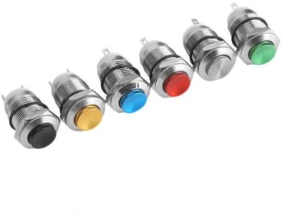 JHUBERS - Momentary Push Button Switches - Waterdicht - 12mm - Resetknop - 6 Stuks - Geschikt voor Elektronica - Blauw Groen Zwart Rood Geel Metallic