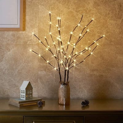 GELLDG Lichtboom geschikt voor binnen/buiten - Set van 3 - 60 LED's - Waterdichte lichttak - 77cm - Warm wit licht - Bruin - Werkt op batterijen - Woondecoratie - Geschikt voor kerst-, paas- en Halloweendecoraties