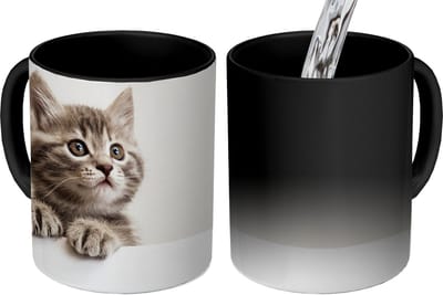 Magische Mok - Foto op Warmte Mokken - Koffiemok - Poes - Grijs - Dieren - Magic Mok - Beker - 350 ML - Theemok
