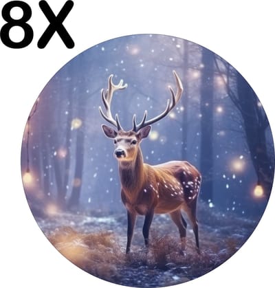 Luxe Ronde Placemat - Hert in het Bos met Kerst Lichtjes - Set van 8 Placemats - 50x50 cm - 2 mm dik Vinyl - Anti Slip - Afneembaar