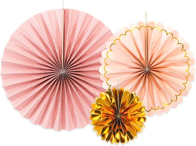 PARTYDECO - 3 rozetten in poederroze en goudkarton 13,25 en 32 cm
