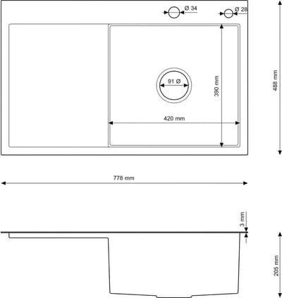 Granitan RVS Spoelbak Bari78P Enkelvoudige Kom met Sifon