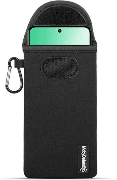 MobyDefend Hoesje - Geschikt voor Oppo Reno12 F - Neopreen Pouch Met Karabijnhaak - Insteek - Riemlus - Zwart