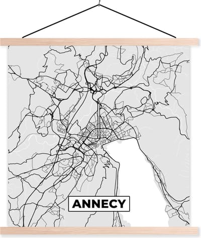 Posterhanger incl. Poster 40x40 cm - Schoolplaat - Frankrijk - Annecy - Stadskaart - Plattegrond - Kaart - Textielposter - Blanke latten - Stadskaart