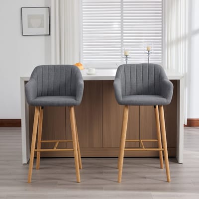 MODFU Barstoelen Set Van 2 - Hoge Rugleuning En Armleuningen - Noords Minimalistisch - Voor Keukeneiland - Linnen - Grijs