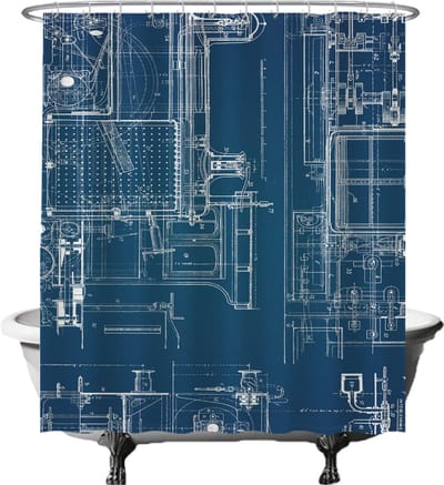 Ulticool Douchegordijn - Printplaat Computer PC Componenten Onderdelen - 180 x 200 cm - met 12 ringen - Anti Schimmel - Waterdicht & Wasbaar - Semi Transparant - Blauw Wit