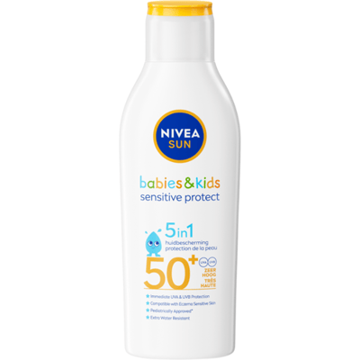 NIVEA SUN Babies & Kids Sensitive Protect Zonnebrand Melk - Baby en Kind - SPF 50+ - Parfumvrij - Geschikt voor de huid met eczeem - 200 ml