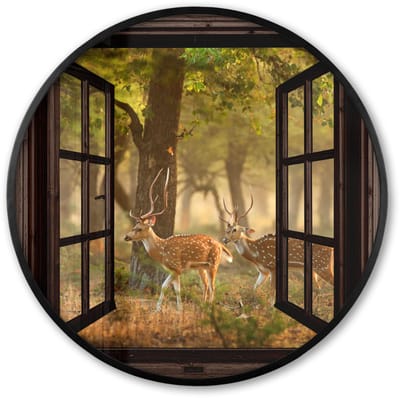 Poster in lijst Rond - Fotolijst 60x60 cm - Posters - Herten - Bos - Herfst - Bosdieren - Natuur - Hert - Doorkijk - Ronde posterlijst zwart - Decoratie - Wanddecoratie woonkamer - Muurdecoratie slaapkamer