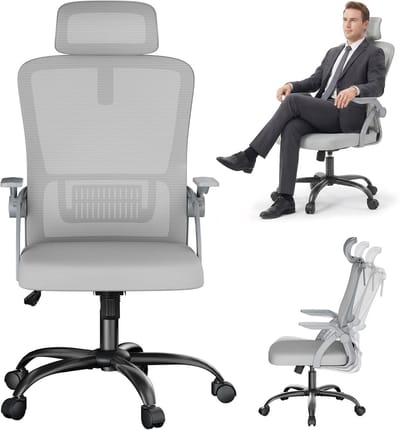 ACXIN Ergonomische Bureaustoel - 4D Hoofdsteun - 105° Kantelfunctie - Mesh Rugleuning - 120 kg Belastbare Draaistoel - Flip-up Armleuningen - In Hoogte Verstelbaar - Home Office en Kantoor - Grijs