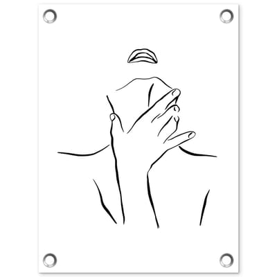 Tuinposter 30x40 cm - Tuindecoratie Abstracte line art van een vrouw met een hand op haar nek - Poster voor in de tuin - Buiten decoratie - Schutting tuinschilderij - Tuindoek muurdecoratie - Wanddecoratie balkondoek