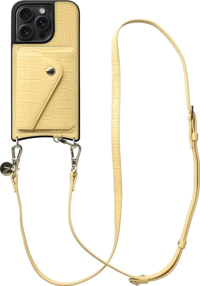 AVY Leren Hoesje geschikt voor Apple iPhone 15 Pro Max | Met Koord en Kaarthouder | Compatibel met MagSafe | Leather Case met Crossbody Koord & Wallet | Long Leather | Croco Geel