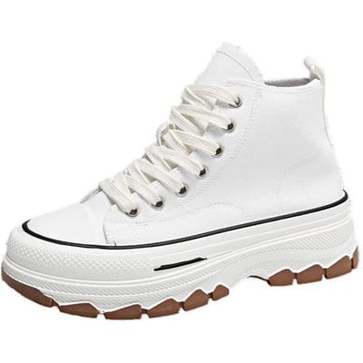 Dames Canvas Schoenen Hoge Top Dames Gevulkaniseerde Schoenen Vetersluiting Casual Dames Sneakers Plarform Antislip Ronde Neus Damesschoenen 38 white