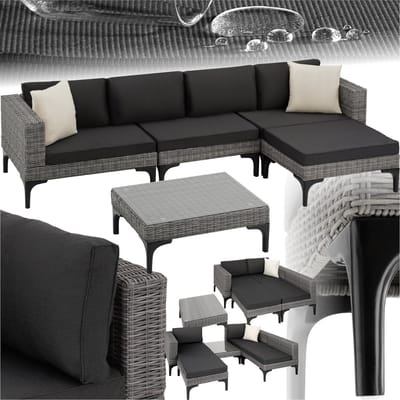 tectake® Outdoor wicker lounge - 5-delige tuinmeubelbankset - Vrij combineerbaar met hoekstoel, fauteuil, kruk en tafel - Tuinlounge inclusief zit- rug- en sierkussens - Grijs