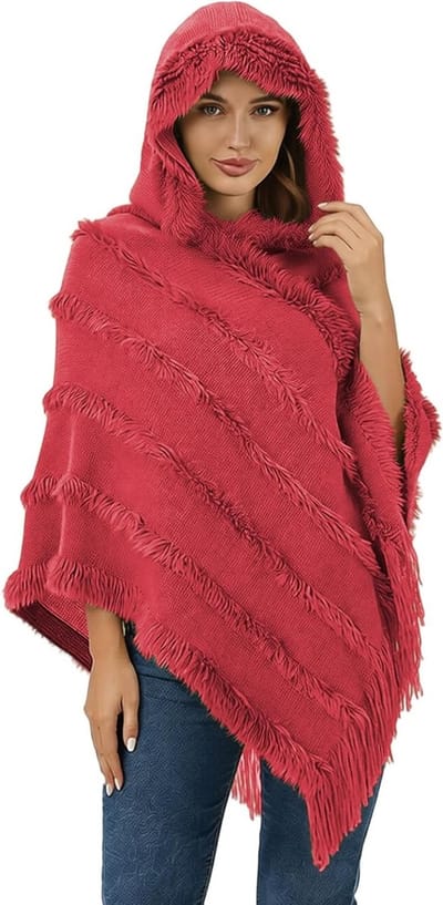 Dames Gebreide Poncho met Franje - Hoed, Sjaal, Gebreide Cape, Mode, Warm, Streepdessin en Flanel