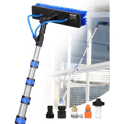 VEVOR Telescopische Wasborstel met Telescopisch Handvat, 7,3 m Lange Telescopische Steel met Uitschuifbare Steel, 180° Draaibare Borstelkop & 20 m Slang, voor Huishoudelijk & Buitengebruik, Zonnepanelendekken in Caravans