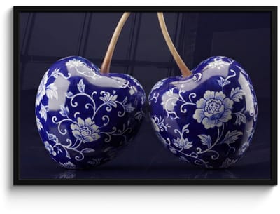 Poster in lijst - Fotolijst 90x60 cm - Posters - Porselein- Kersen - Delfts - Blauw - Posterlijst zwart - Decoratie - Wanddecoratie woonkamer - Muurdecoratie slaapkamer