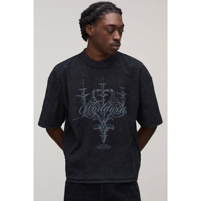 Acid Black Oversized Boxy T-shirt Met Blootliggende Naden En Kroonluchterprint | Washed Black | Size XS