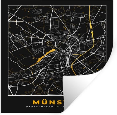 Muurstickers - Sticker Folie - Münster - Stadskaart - Plattegrond - Kaart - Duitsland - Goud - 100x100 cm - Plakfolie - Muurstickers Kinderkamer - Zelfklevend Behang XXL - Zelfklevend behangpapier - Stickerfolie