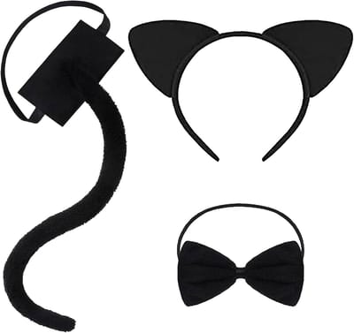 3-delig kattenkostuum voor kinderen en volwassenen, inclusief kattenoren, lange staart en strikje, perfect voor Halloween, carnaval en cosplayfeestjes