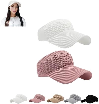 KZQ Zonnehoed - Brede rand, UV-bescherming - Gebreide, sneldrogende hardloopmuts - Met opening voor een paardenstaart - Unisex, geschikt voor strand en sport - Wit en roze - One size fits all