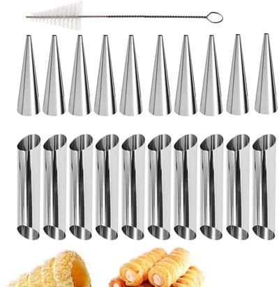 longziming -Cannoli Vorm – Croissantvormen en Cannoli Röhren – Set Van 21 – Roestvrij Stalen Bakvormen met Reinigingsborstel – Herbruikbaar – Voor Bladerdeeg, Roomhoorns, Wafel- & Pizzakegels
