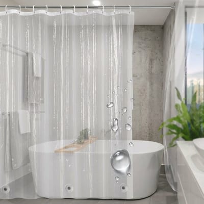 Douchegordijn, transparant, kort, 150 cm hoog, waterdicht, met magnetische zoom, breedte: 180 x hoogte: 150 cm