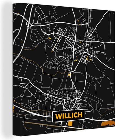 Canvas Schilderij Black and Gold – Stadskaart – Willich – Duitsland – Plattegrond – Kaart - 20x20 cm - Wanddecoratie