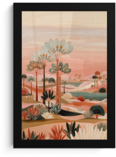 Poster in lijst - Fotolijst 20x30 cm - Posters - Roze landschap - Palmen - Water - Posterlijst zwart - Decoratie - Wanddecoratie woonkamer - Muurdecoratie slaapkamer