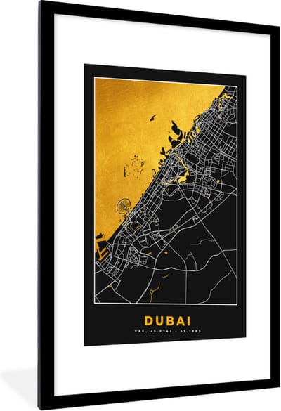 Fotolijst incl. Poster - Goud - Stadskaart - Plattegrond - Dubai - Kaart - 60x90 cm - Posterlijst