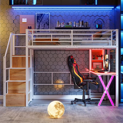 Pugsdrly - Hoogslaper - Eenpersoonsbedden - 90*200 cm - met LED-verlichting - opbergladder - bureau - kledingkast - planken - wit - zonder matras