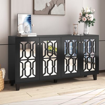 Wishdor Dressoir - 4 Deuren - 2 Verstelbare Legplanken - Spiegeloppervlak - MDF - Zwart - 160 X 40 X 84 Cm
