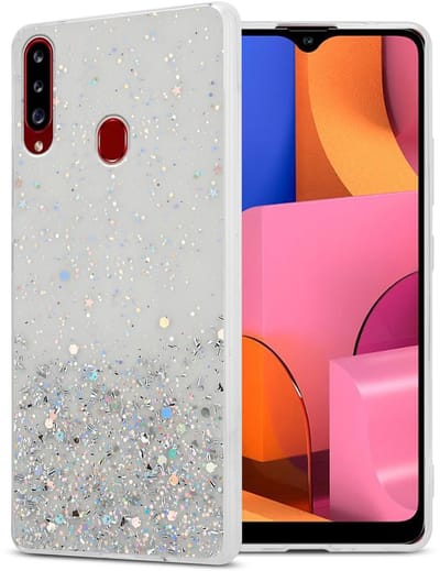 Cadorabo Hoesje geschikt voor Samsung Galaxy A20s in Transparant met Glitter - Beschermhoes van flexibel TPU silicone met fonkelende glitters Case Cover Etui