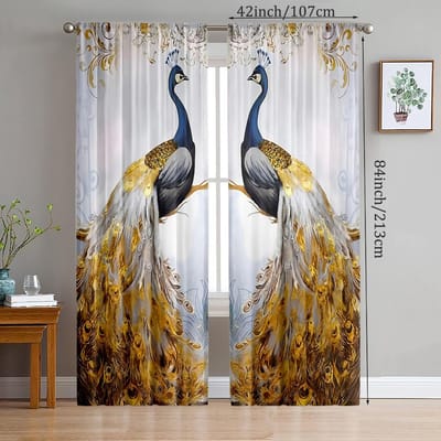 2 stuks - Gouden elegante pauw polyester stof gordijnen, badkamer, slaapkamer, woonkamer en familieruimte decoratieve gordijnen 23Wx59L(60x150CM)x2