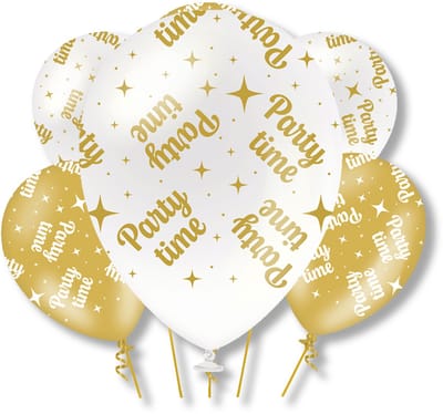 BTH – Party Time Latex Ballonnen – 6 stuks – Wit-Goud – Verjaardag Versiering – Helium – 30cm