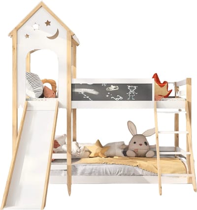 Stapelbed voor kinderen - Met glijbaan - 90x200 cm - 2 kinderbedden - Met Hoektrap, valbeveiliging en raam - Peuterbed
